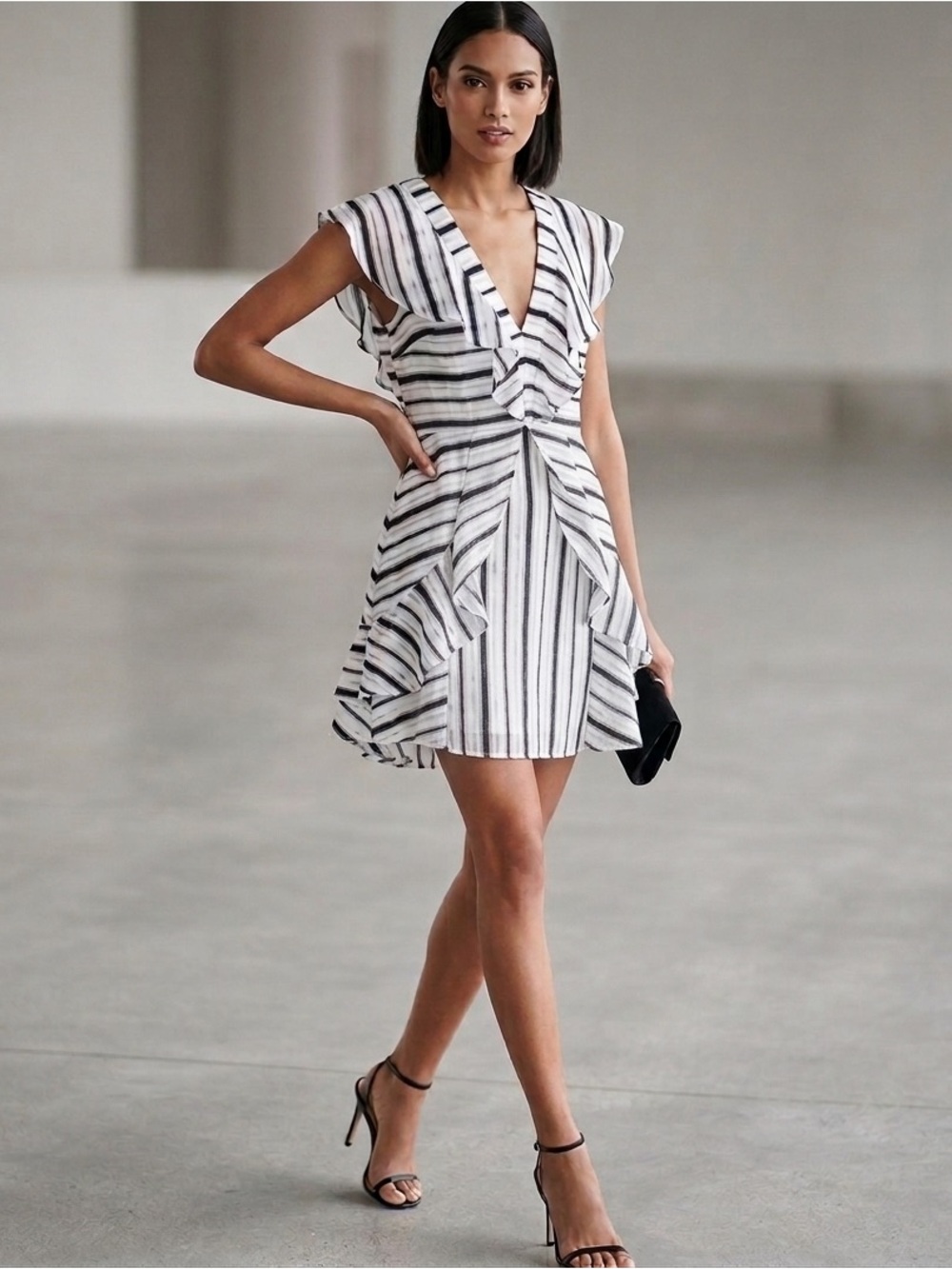 Halston Heritage Black and White Striped Ruffle V-Neck Mini Dress